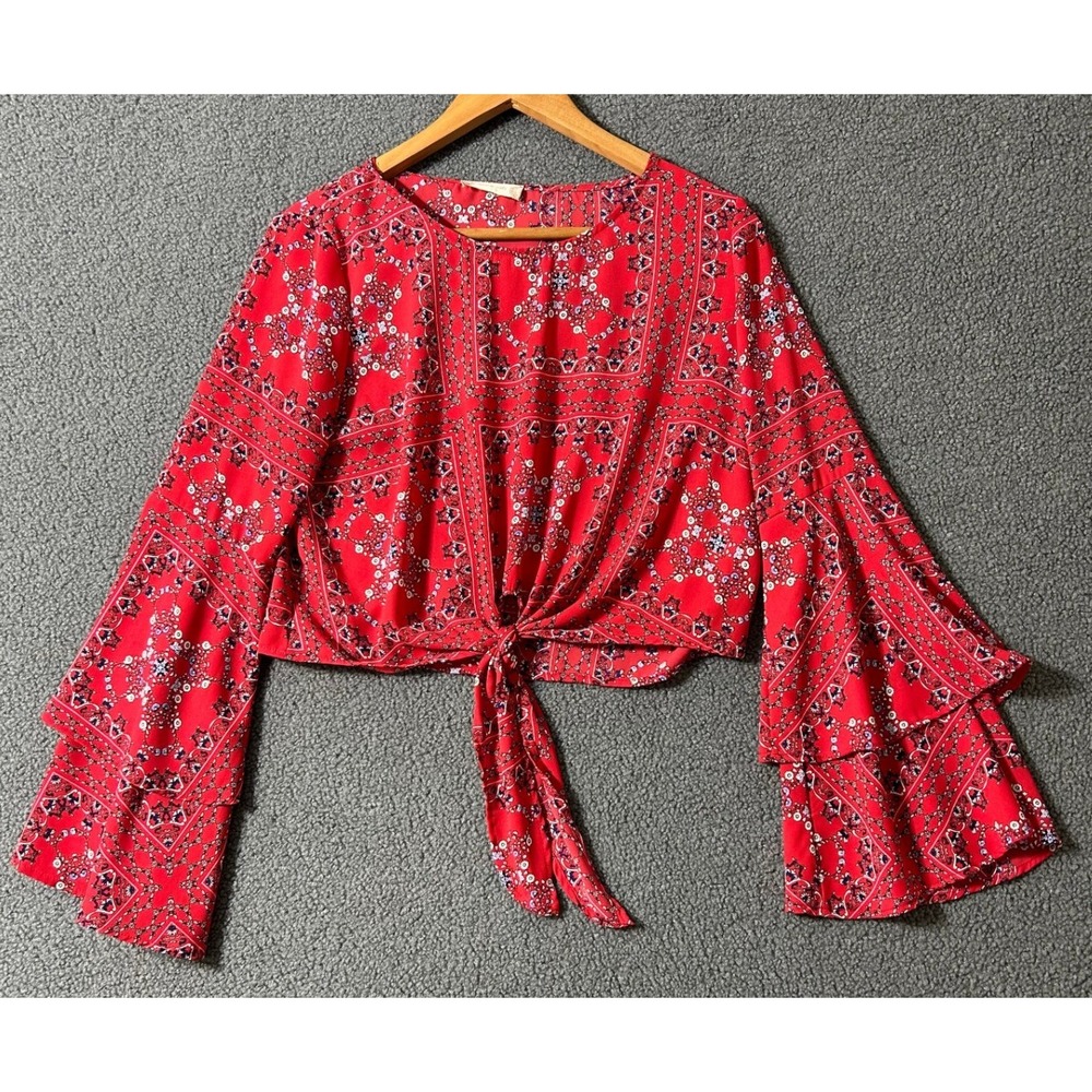 Altered State Blouse Women Small Red Floral Paisley Boho Ruffle V-Neck Top